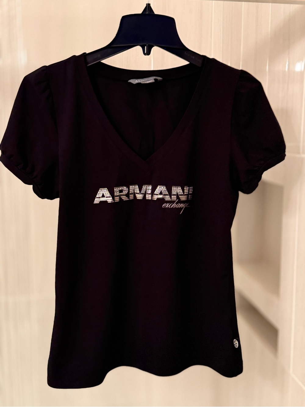 Armani Exchange Black Rhinestone V-Neck Puff Sleeve Graphic Tee